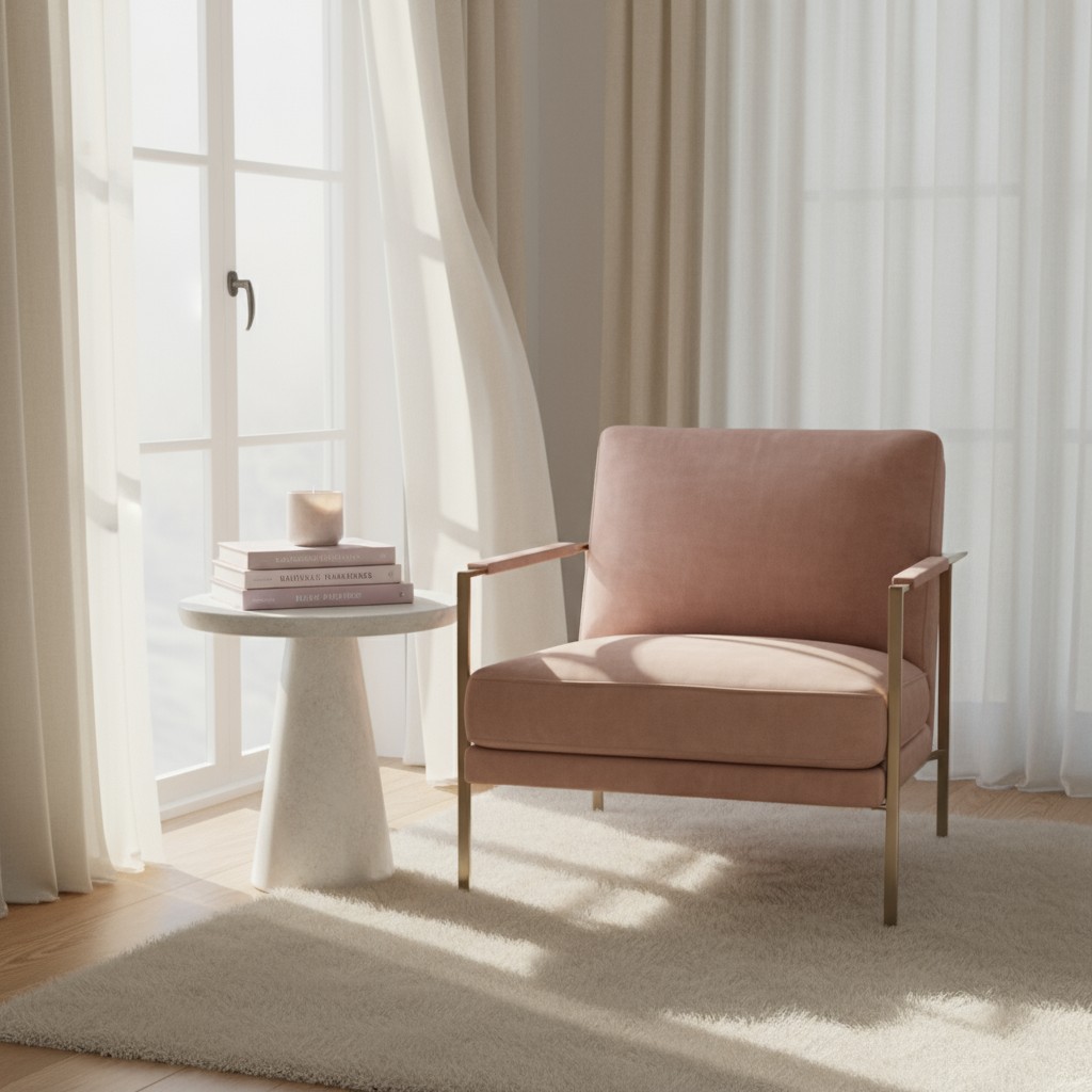 A beige armchair on an ivory shag-like rug, next to a small white table that holds books and a lit candle, set in front of...