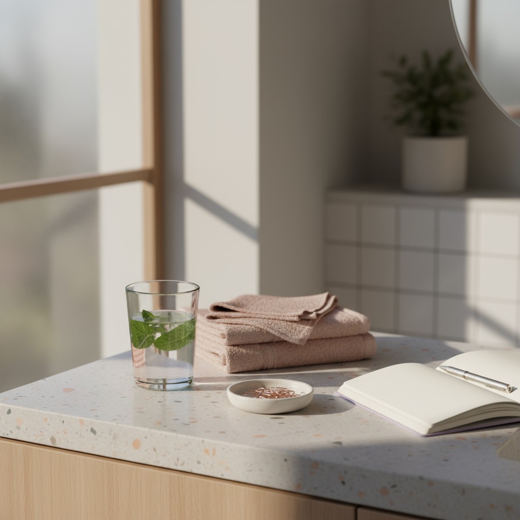 A glass of water with mint on a counter next to a plate of paper clips, a small stack of pink towels sits nearby, and a jo...