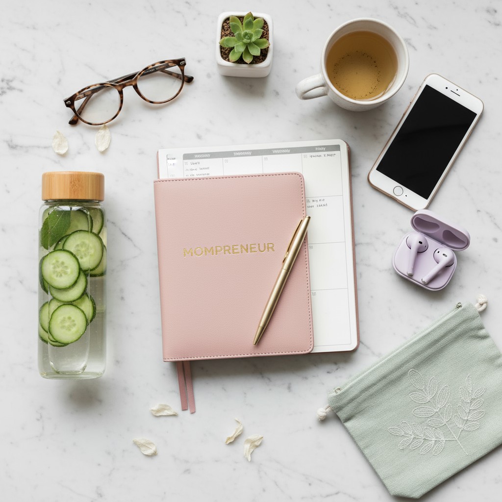 The image shows a flat lay of various items on a white marble countertop, including: * "MOMPRENEUR" pink journal and plann...