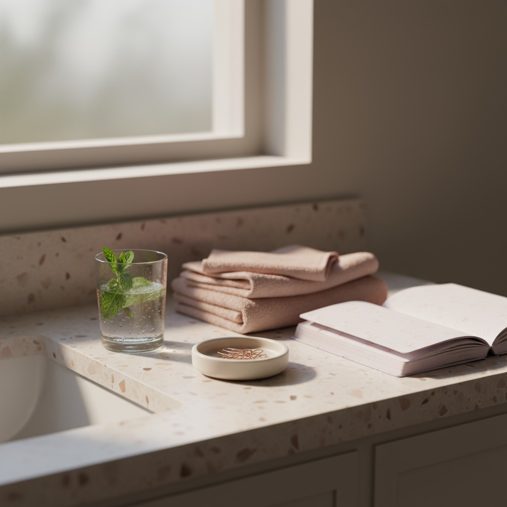 A serene bathroom countertop with a glass of water, a book, and a stack of towels in the shadows.