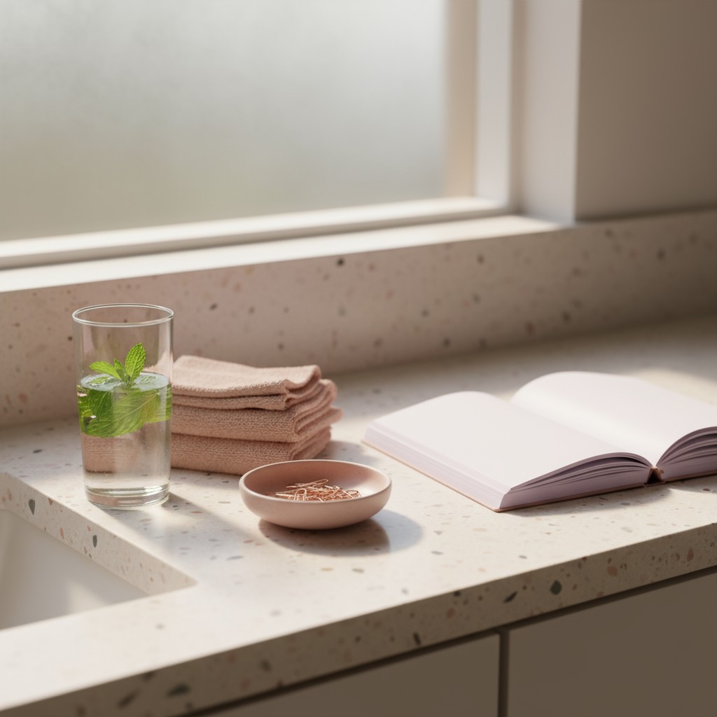 An open notebook, clear glass of water with mint leaves, a stack of washcloths, and a dish of paper shreddings on a tan ma...