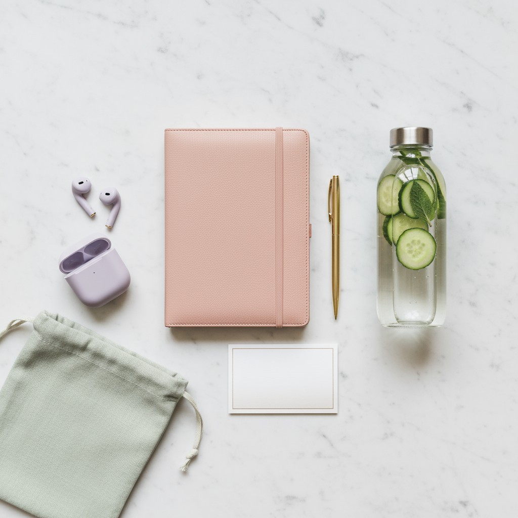 A flatlay of a pink notebook, pink AirPods in case, a white marble bag, a white business card holder with blank card in it...
