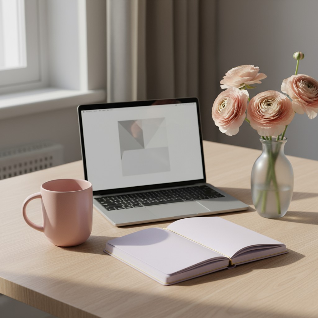light-colored wooden desk with laptop, open notebook, flower vase.